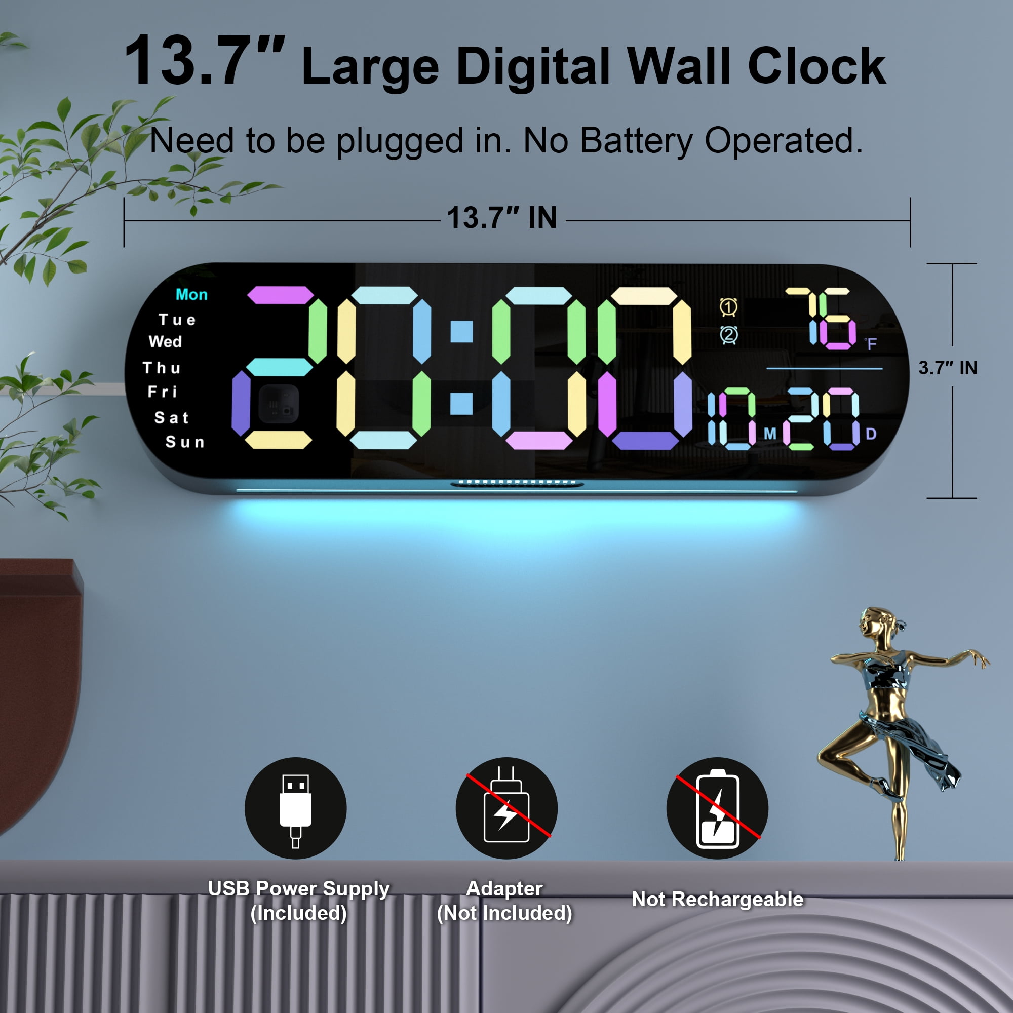 Hansang Digital Wall Clock with Remote Control, Auto-Dimming and 9 Colors, The Large Digital Clock Features a 13.7-In Wide Display