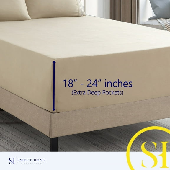 Sweet Home Collection Extra Deep Pocket, Fits 18"-24", Deluxe Microfiber 4 Piece Sheet Set, California King, Beige