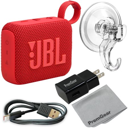 JBL Go 4 Ultra-Portable, Waterproof and Dustproof Bluetooth Speaker (Red) with Punchy bass, 7-Hour Battery, Bundled with Clear Suction Hook, Charging Cable, Wall Adapter and Cloth