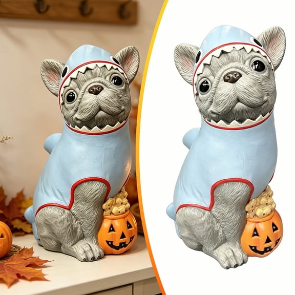 DLMCUH Clearance!Halloween Dog Decor,French Bulldog Figurine in Shark Costume with Pumpkin,8" Cute Resin Dog Statue for Indoor Outdoor Tabletop Yard Patio Decoration