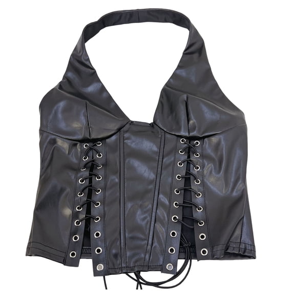 Byworldtasic Women's Pu Leather Sleeveless Halter Tops Lace Up Backless Crop Corset Sexy Top