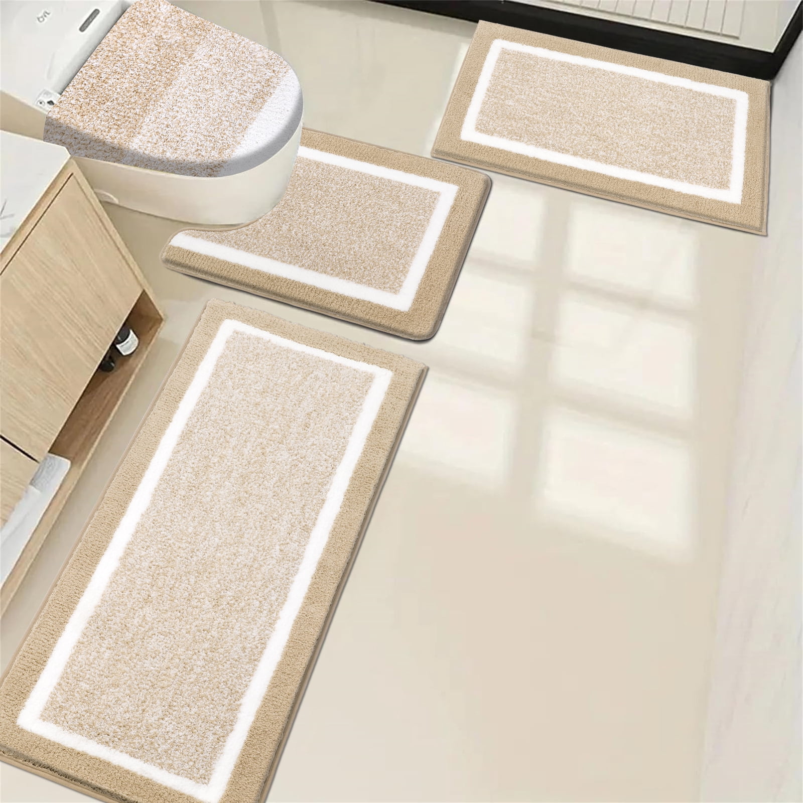 Ileading Bathroom Rugs Sets 4 Piece with Lid Cover Absorbent Microfiber Bathroom Shower Mat Set, Beige