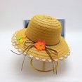 thumbnail image 3 of Gorra de verano para niña, gorro de paja con corona de flores Beige, ala ancha ondulada, protección UV, protector solar, sombreros de playa de 3 a 8 años, 3 of 4