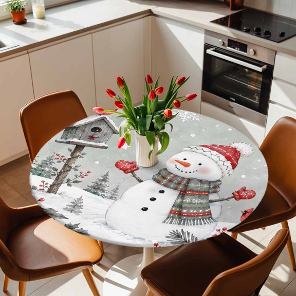 Round Fitted Tablecloth with Elastic Edge, Winter Snowman Snowflake Berry Fitted Table Cloth for Round Tables 36-44in, Xmas Tree Red Bird Waterproof Tablecloth for Outdoor Picnic Party