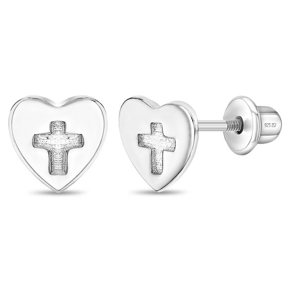 Boucles d'Oreilles pour Bébé / Tout-Petit / Enfant avec Découpe en Forme de Cœur et Croix, Fermoir Vissé, Argent Sterling