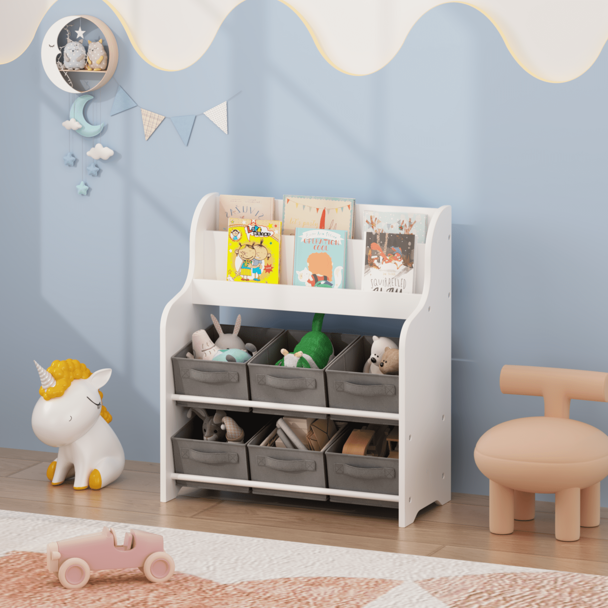 Kids Bookshelf with 6 Fabric Storage Bins, Multi-Functional Children's Bookcase and Toy Organizer, Front-Facing Display Shelf for Playroom, Bedroom or Nursery