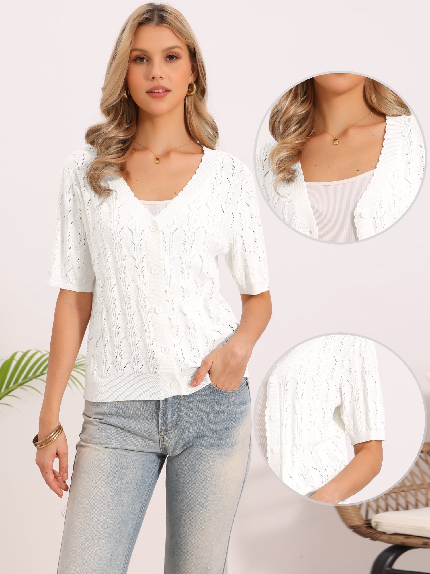 DARING DIVA Women's Short Sleeve Casual V Neck Lightweight Cardigan S White