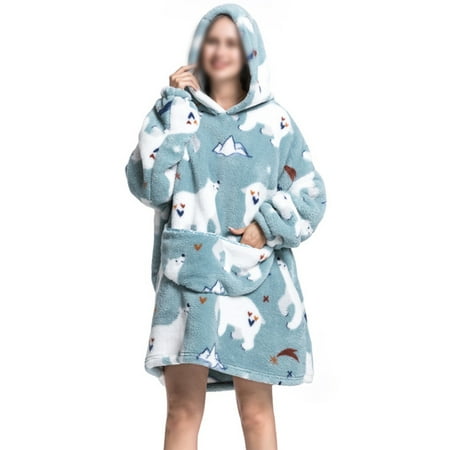 

Beiwei Ladies Nightwear Hooded Neck Woolen Blanket Long Sleeve Soft Bathrobe Animal Print Spa Robe White Bear Print