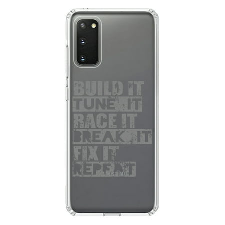 DistinctInk Clear Shockproof Hybrid Case for Galaxy S20 PLUS / 5G (6.7 Screen) - TPU Bumper Acrylic Back Tempered Glass Screen Protector - Build It Tune Race Break Fix Repeat