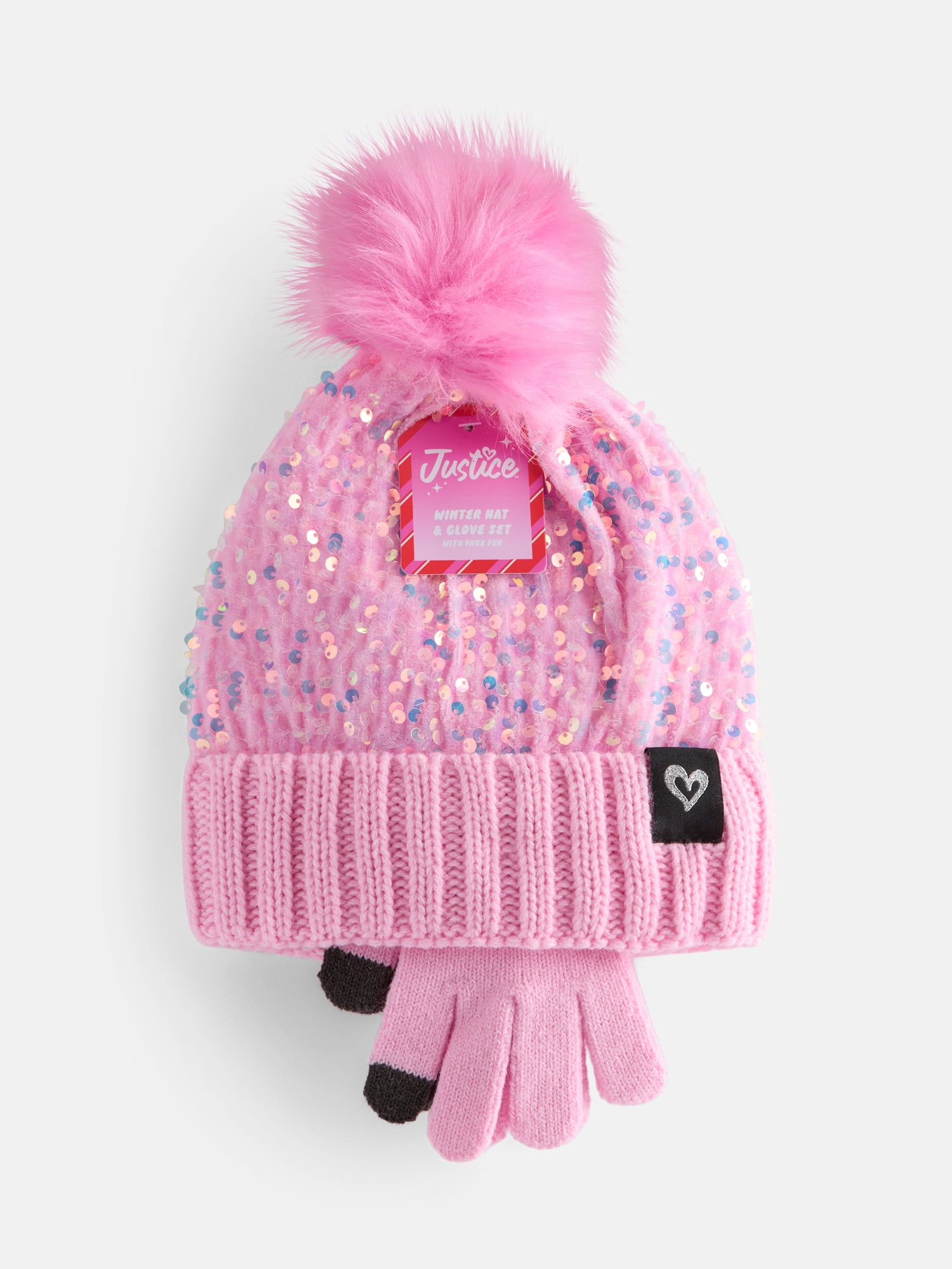 Justice Girls Velvet Sequin Hat and Glove Set, Pink