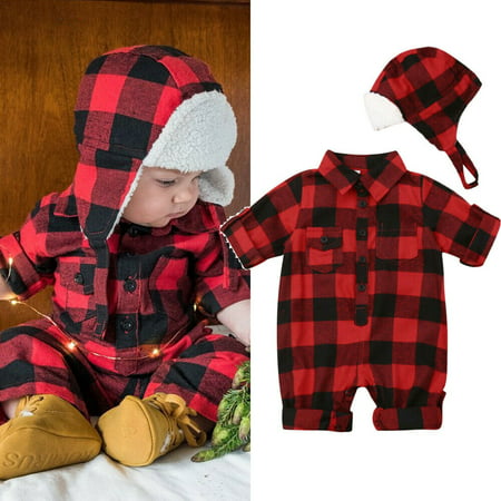 Pudcoco New Year's Clothes For Boys Girls 2019 Spring Autumn Newborn Baby Boy Girl Xmas Romper Red Plaid Romper Jumpsuit Hat Warm (Best Baby Swing Reviews 2019)