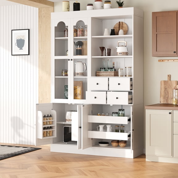Harper & Bright Designs Farmhouse Kitchen Pantry Cabinet with Hutch, Tall Kitchen Storage Cabinet with Glass Door and Drawer, Freestanding Hutch with Shelves and Pull-out Trays, 75", White