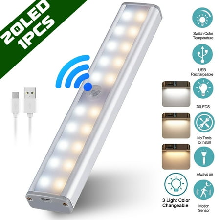 

20 LED Wireless Motion Sensor Cabinet Light 3-Light-Color 160lm Under Counter Closet Lights Induction/Always-On Lighting Mode USB Rechargeable Night Strip Light Bar for Kitchen/Corridor/Staircase