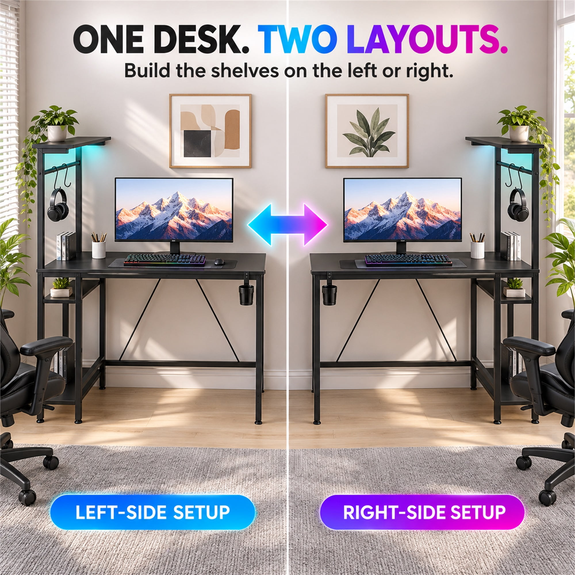 CloudRest Pro 44 Inch Gaming Desk with RGB LED Lights, Reversible Computer Desk with 4-Tier Storage Shelves, Cup Holder and Headphone Hook, Black