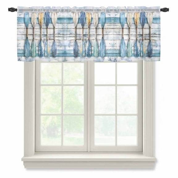 Lake Paddle Striped Valance Curtains for Kitchen/Living Room/Bathroom/Bedroom Window, Rod Pocket Small Topper Half Short Window Curtains Voile Sheer Scarf, Watercolor Vintage Wood Grain 42"x12"