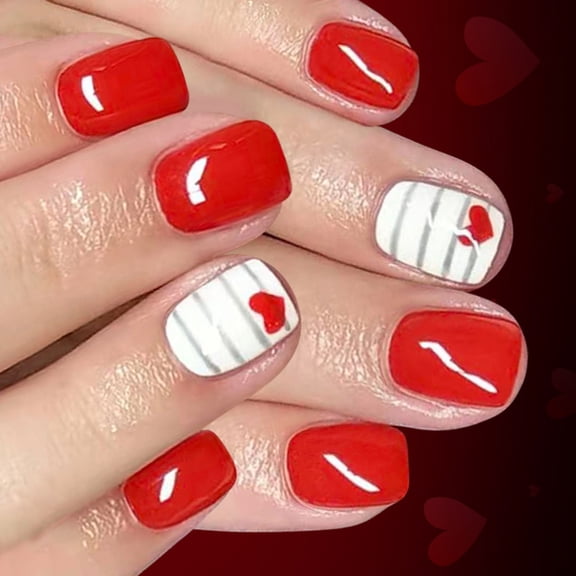 Zeiwohndc 24Pcs Short Square Press On Nail Flame Red Hearts Glossy Manicure Set