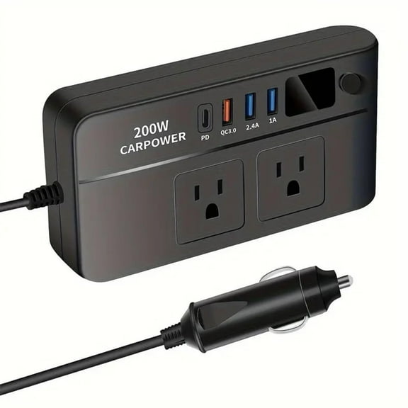 200W Car Power Inverter, DC 12V to 110V AC Car Inverter,3 USB 1 Type-C Ports Charger Adapter Car Plug Converter with Switch and Current LED Screen,Suitable for Car, SUV & Truck (Black)