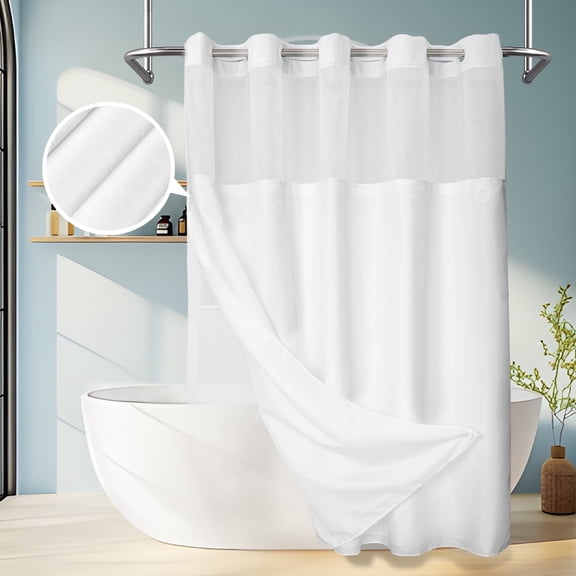 Yiannan No Hook Slub Textured Shower Curtain with Snap-in PEVA Liner, Mesh Window - White, 71 x 74
