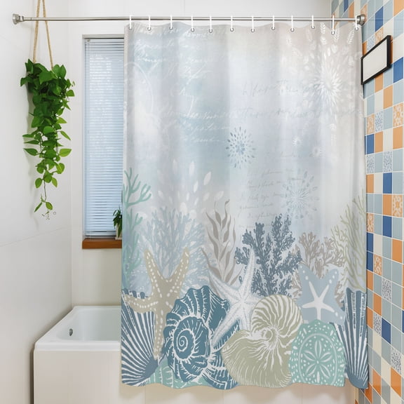 Shower Curtains Sets for Bathroom Decor Blue Ocean Conch Starfish Coral Waterproof Bathroom Curtain with Hooks, Summer Nautical Shell for Bathroom Decor, 72X72IN