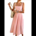 thumbnail image 2 of Robe Midi d'Été pour Femmes à Nouer devant, Boutonnée, Coupe Trapèze, Bretelles Spaghetti, Imprimés Floraux, Rose, M, 2 of 9