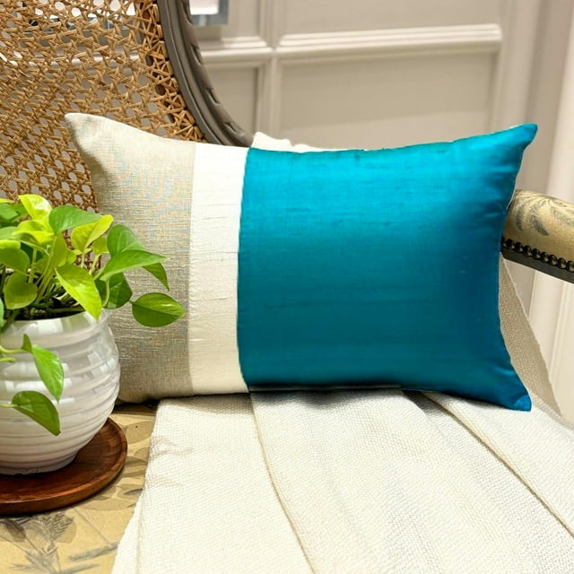 The HomeCentric Decorative Lumbar Pillow Cover Turquoise Pack Of 2, 12"x24" (30x60 cm) Silk Color Block, Patchwork, Silk Lumbar Cushion Covers For Sofa, Couch, Patio, Modern - Turquoise Silk Essence