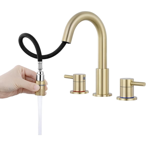 Brushed Gold Bathroom Faucet 3 Hole with Pull Down Sprayer 2 Modes, Pull Down Bathroom Sink Faucet with Pop Up Drain, 8 Inch Widespread Bathroom Faucet