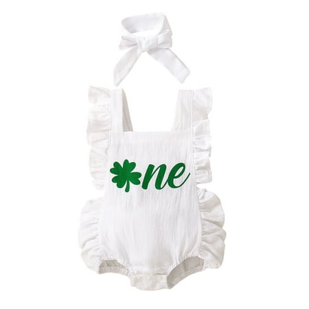 

HOANSELAY Baby Girl Irish Day Outfits Clover Print Ruffle Romper Headband Summer Clothes