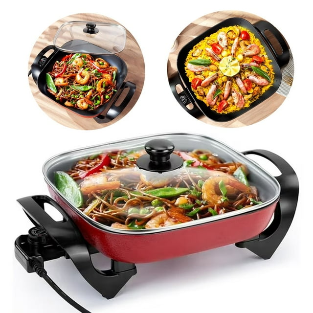HLONK 12 in Rectangular Electric Skillet with Glass Lid Non-Stick Temperature Control
