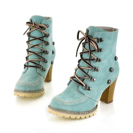 

Bxzhiri Women‘s Leisure Rivets Shoes Non-Slip Lace-Up High Heel Short Tube Boots