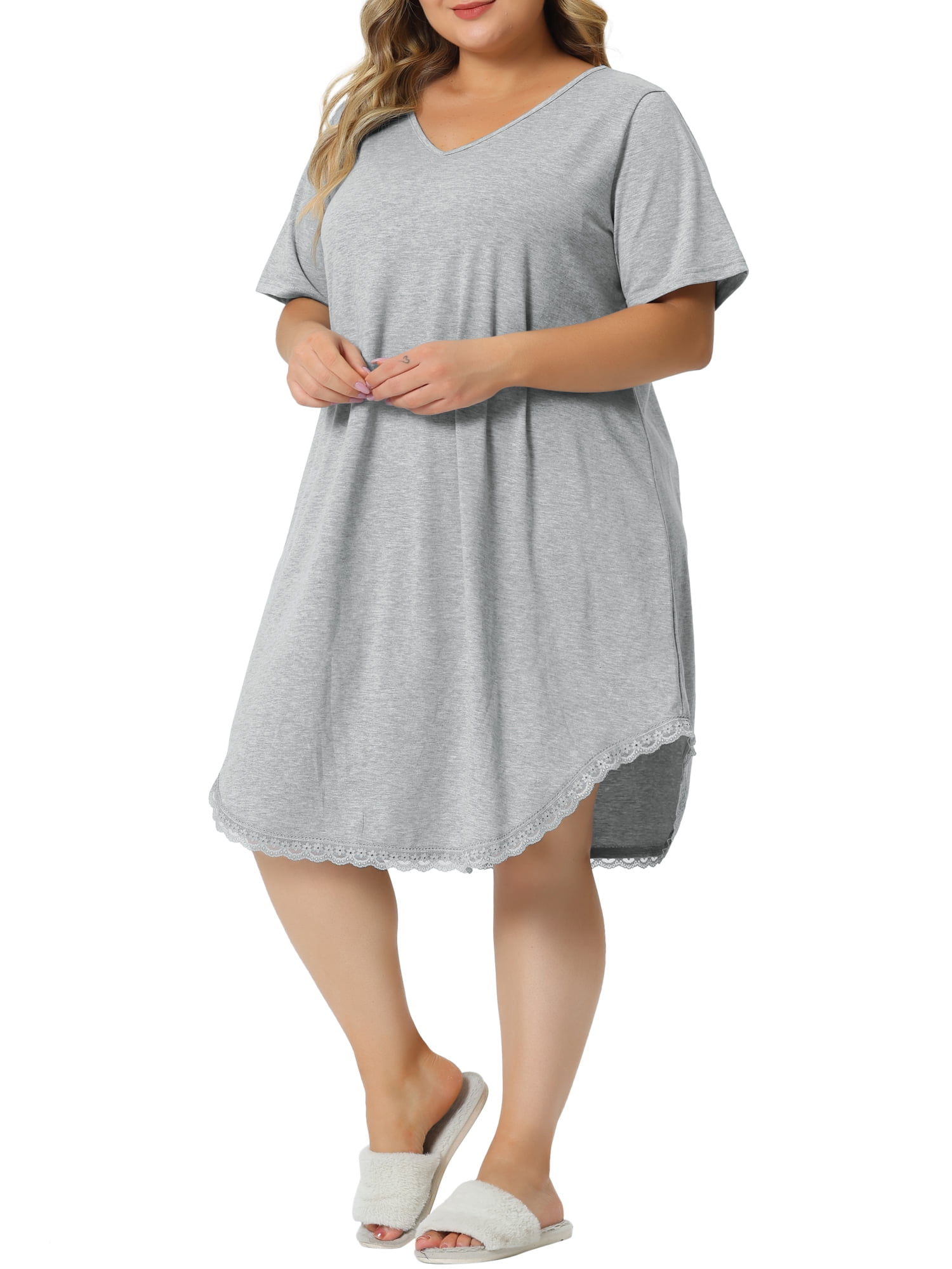 Unique Bargains Women's Plus Size V Neck Lace Trim Hem Loose Nightgown Sleepwear Pajamas 2X Light Gray
