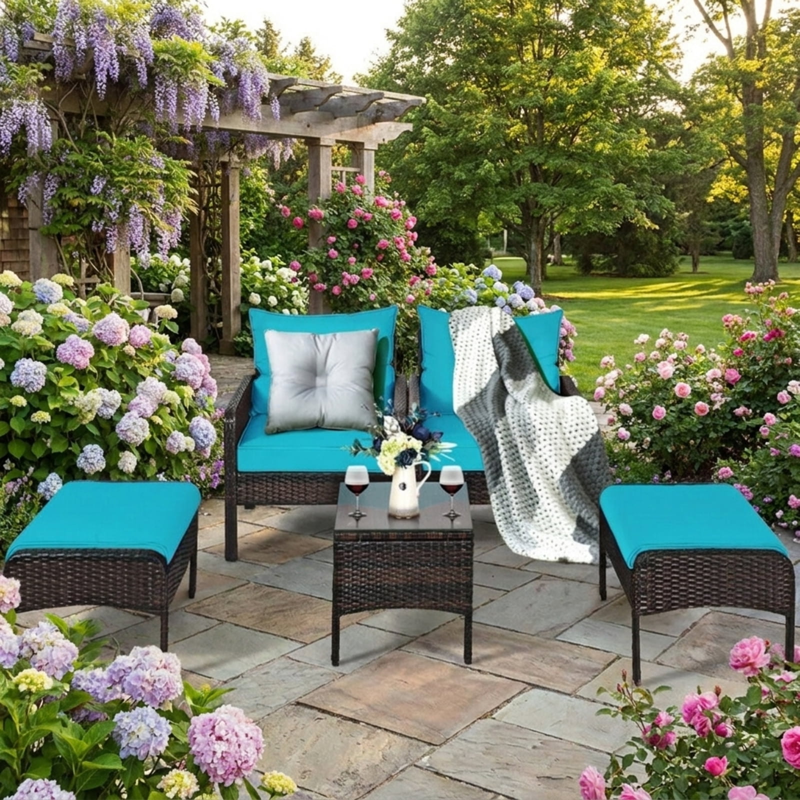 Biotree 5 Pieces Patio Rattan Furniture Set Sofa Outdoor Conversation Set for Garden Backyard Porch, Red/Turquoise/Beige