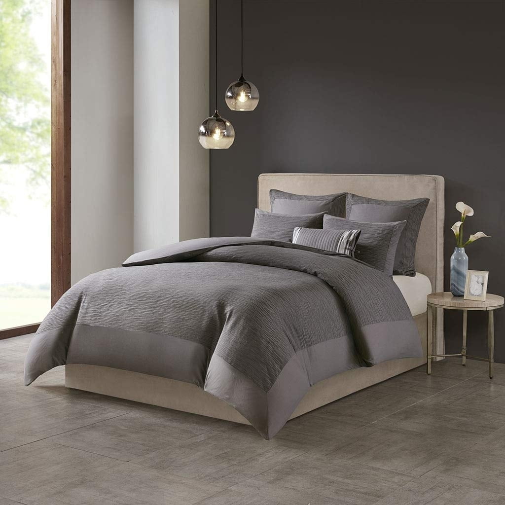 N Natori Hanae 3 Piece Cotton Blend Duvet Set Yarn Dyed Bedding Cover King/Cal King Size Grey