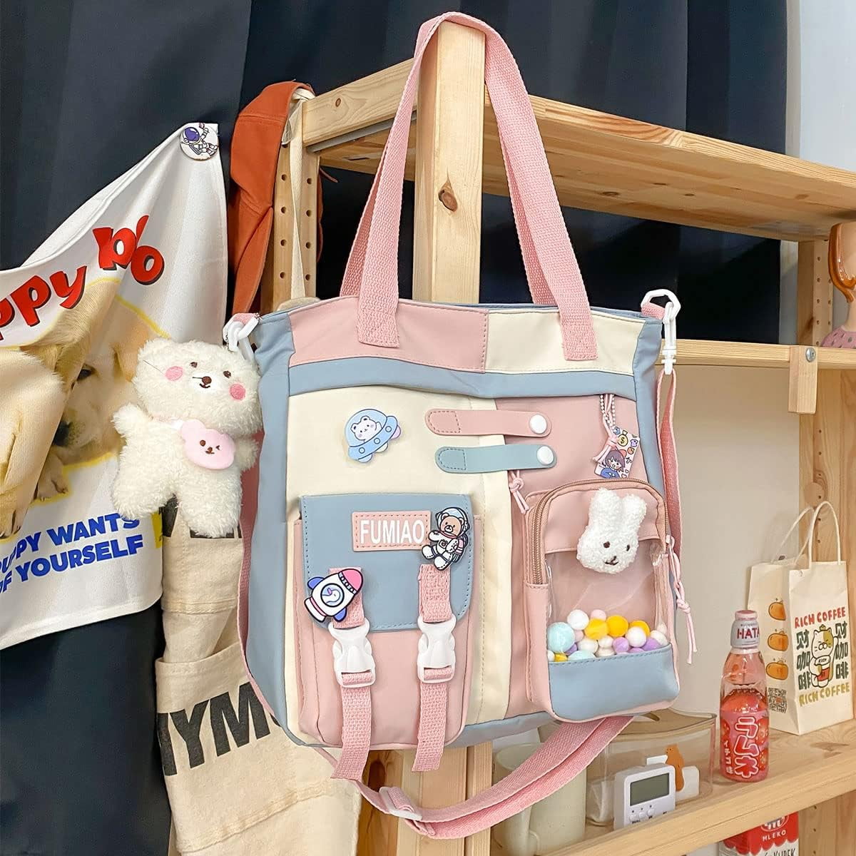 Messenger Bag with Kawaii Pins and Pendant for Women Cute Crossbody Bag Shoulder Tote Bag Casual Handbag