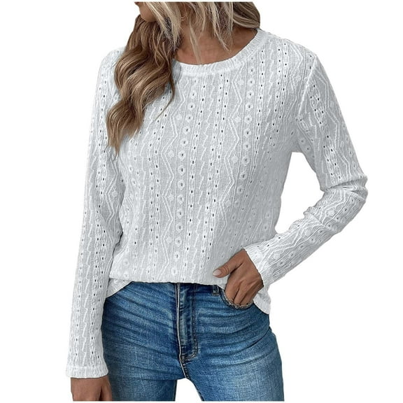 HAiming Women's Eyelet Long Sleeve Shirt Dressy Casual Crewneck Business Tops Going out Travel Clothes