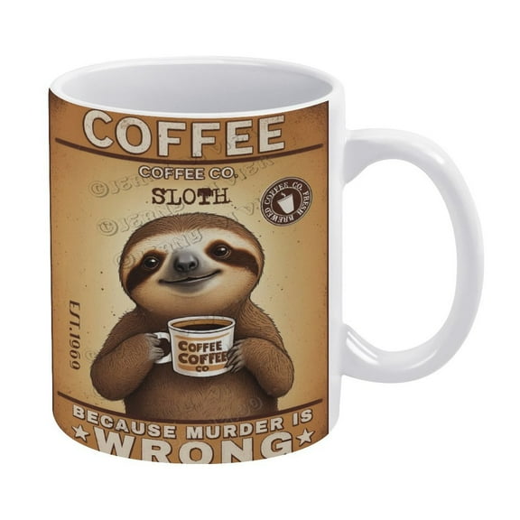 Funny Coffee Mug - Sloth Decor Coffee Because Murder Is Wrong Mug - 330 ml / 11 oz White Ceramic Cup - Tea Cup for Xmas Party