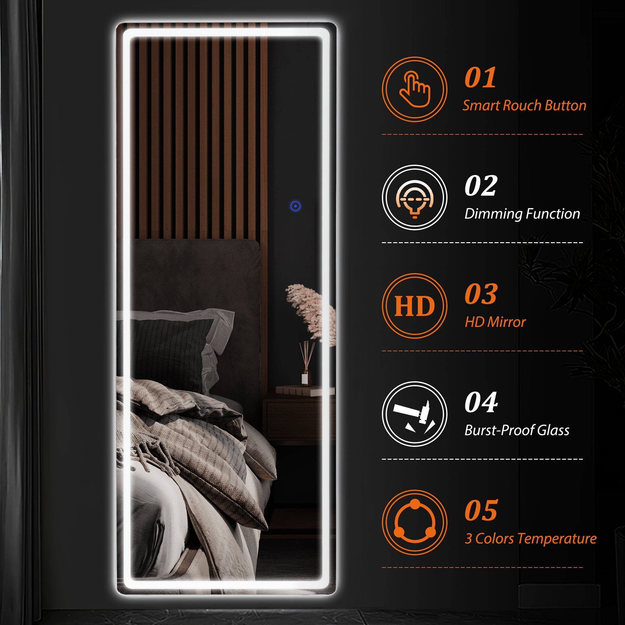 MAYEERTY 63"x16" Frameless Led Mirror Full Length Mirror Flat Floor / Wall Mirror With Light, Silver