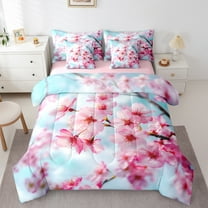 Feelyou 3D Japanese Blossoms Bedding Comforter Set 7pcs for Female, Blue Pink Queen Bedding Sets, Dreamy Flower Floral Reversible Queen Sheet Sets, Super Cozy Room Decor