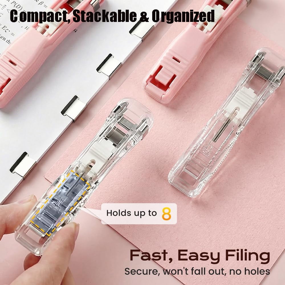 2026 Upgrade Portable Binder Clip Stapler, Includes 100 Reusable Clips, Handheld Paper Clip Dispenser, Mini Push Stapler Clamp Staplers for Handheld Paper Clam Clip Dispenser