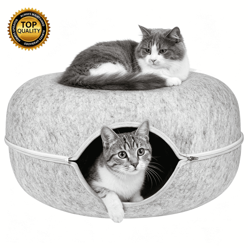 Gamexcel Cat Tunnel Bed for Indoor Cats, 24 Inch Felt Peekaboo Cat Cave, Washable Donut Hideaway Bed, Gray