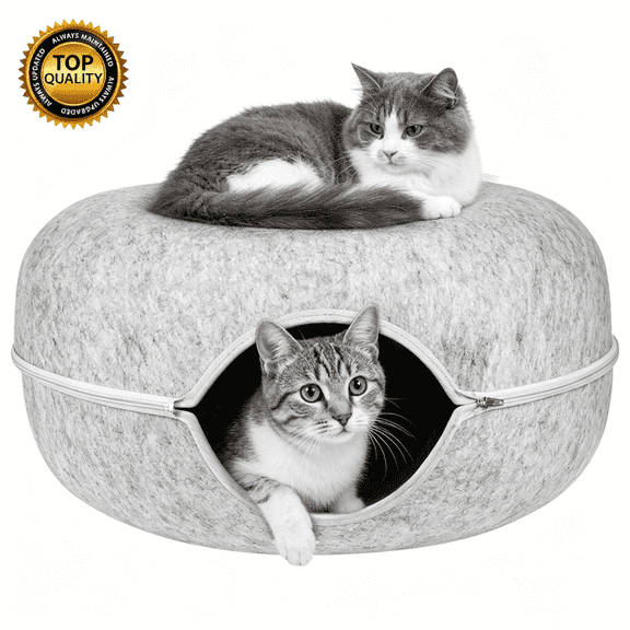 Gamexcel Cat Tunnel Bed for Indoor Cats, 24 Inch Felt Peekaboo Cat Cave, Washable Donut Hideaway Bed, Gray