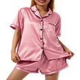 thumbnail image 3 of Pyjama pour Femmes, Pyjama en Satin Soyeux à Rayures, Haut à Manches Courtes avec Short, Tenue de Nuit, Ensemble de PJ, sous-Vêtements, Violet, P, 3 of 7