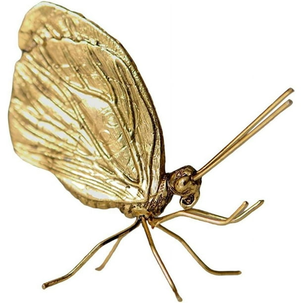 Escultura de mariposa dorada, adorno de insectos de Metal sólido, minifigura de mariposa para decoración de escritorio, jardín, oficina en casa