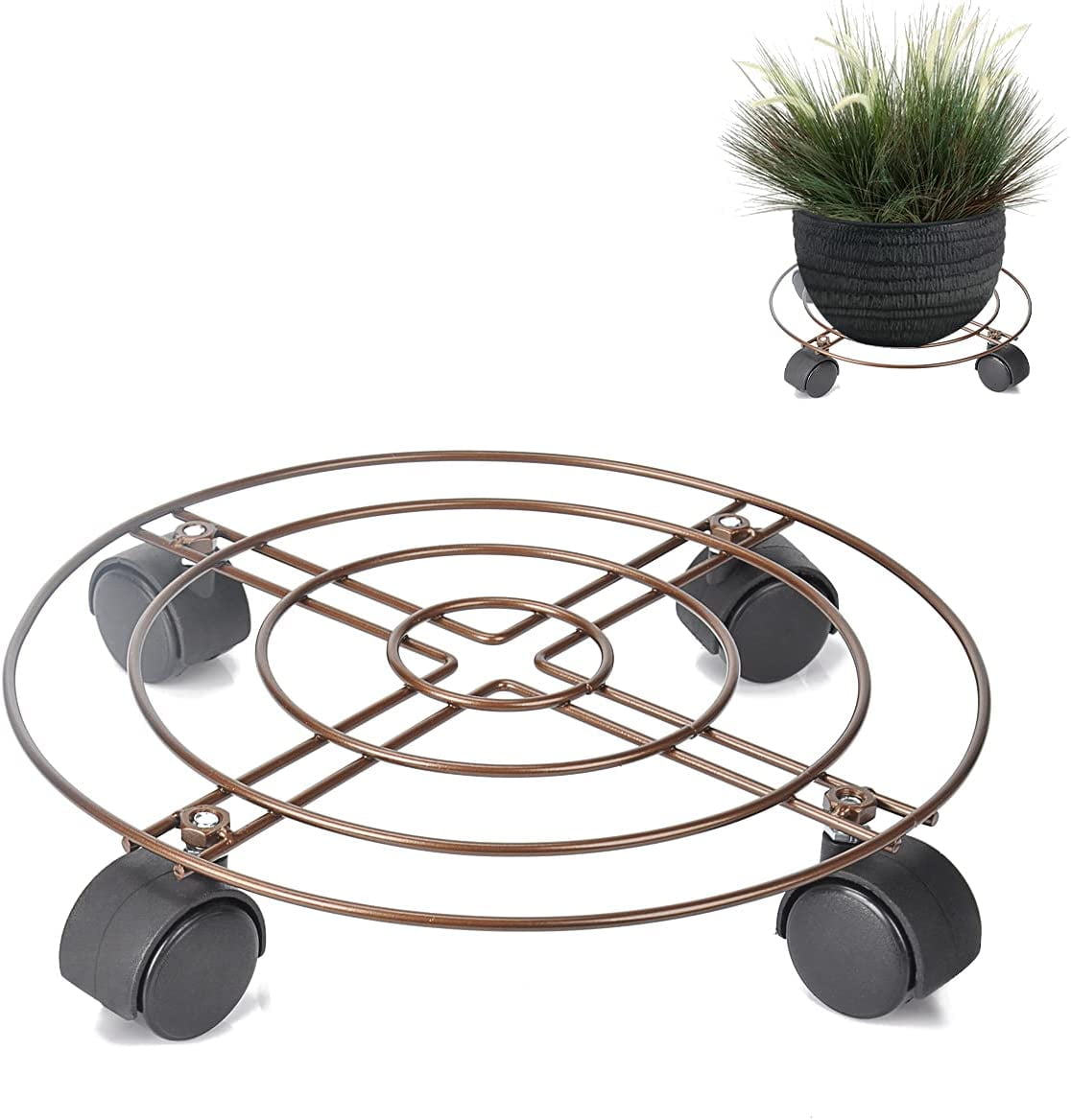 DEWEL Round Plant Dolly Plant Caddy with Wheels Metal Plant Stand, Heavy Duty Iron Rolling