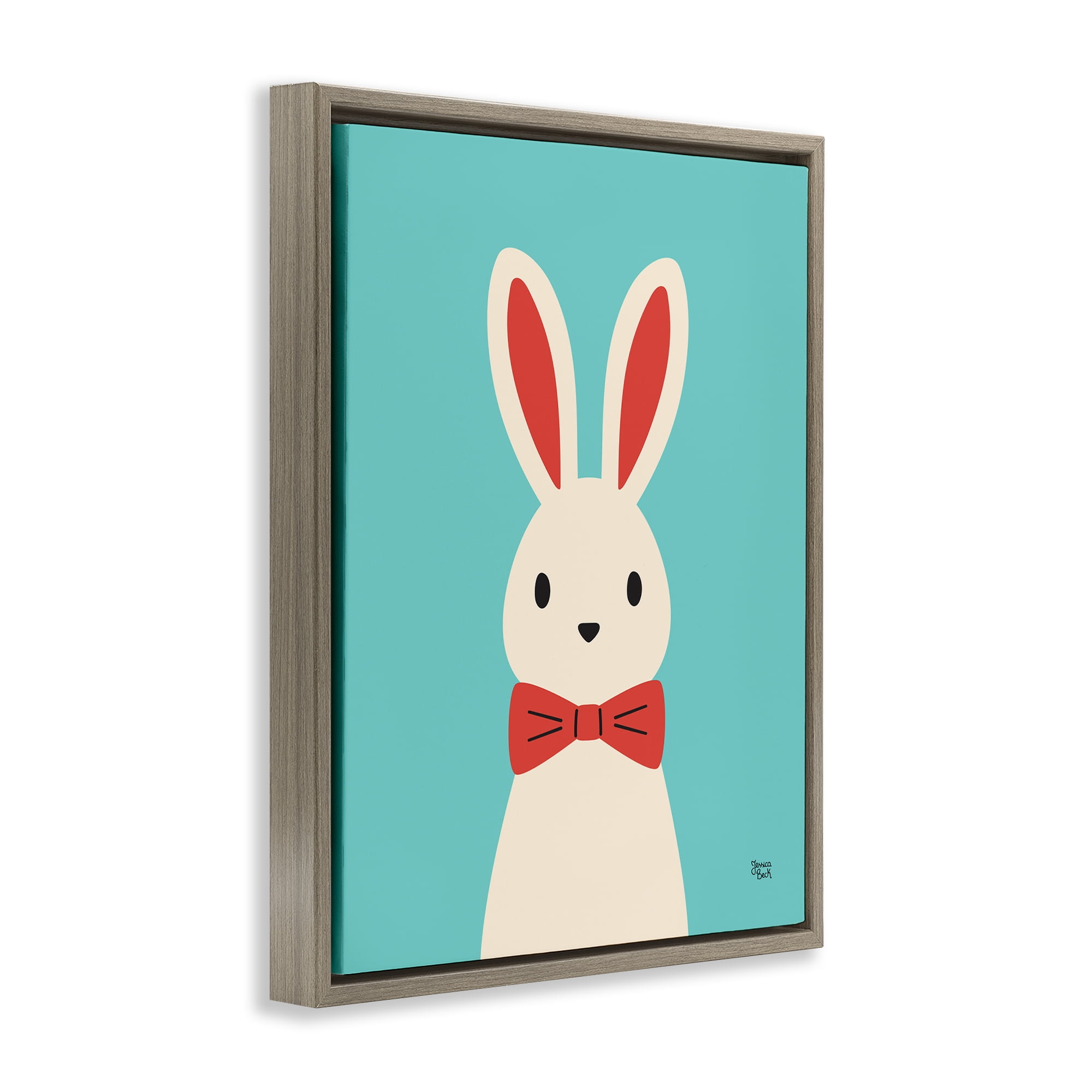 Stupell Industries Rabbit & Bowtie on Turquoise Animals Painting Brown Floater Framed Canvas Art Print Wall Art, 25 x 31
