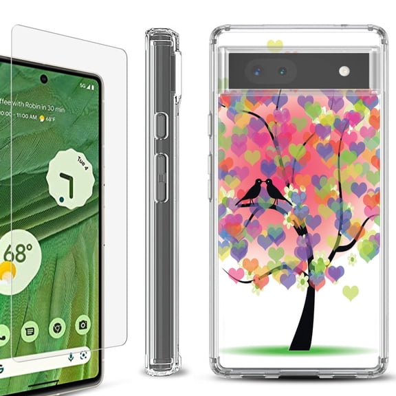 Shockproof Bumper Phone Case for Google Pixel 6a, with Tempered Glass Screen Protector, by OneToughShield ® - Color Hearts Tree
