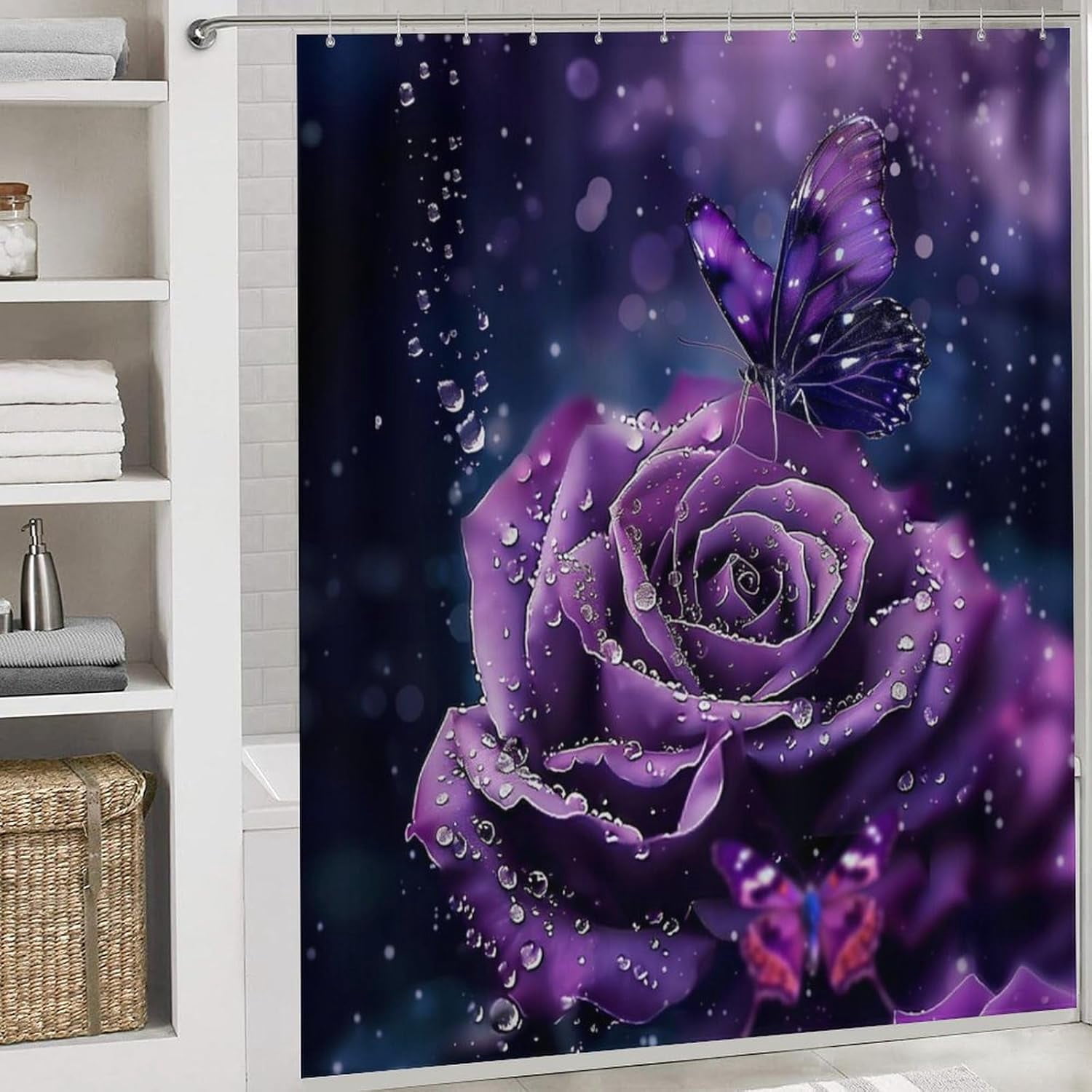 Purple Rose Butterfly 4 Pcs Bathroom Shower Curtain Set,Bathroom Sets with Rugs (Bath Mat,U Shape and Toilet Lid Cover Mat), Bathroom Decor Set