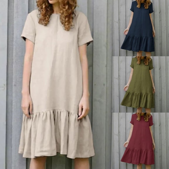 HVOBTTY Womens Fashion Sport T Shirt Dresses, Summer Dresses for Women, Womens Casual Solid Color Crew Neck Short Sleeve Mid Calf Ruffle Hem Loose Midi Dresses Khaki, M