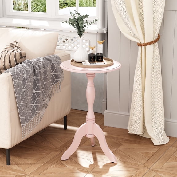 HLR Round Small End Table, Wooden Pedestal Side Coffee Table, Vintage Accent Nightstand for Living Room, Entryway, Pink