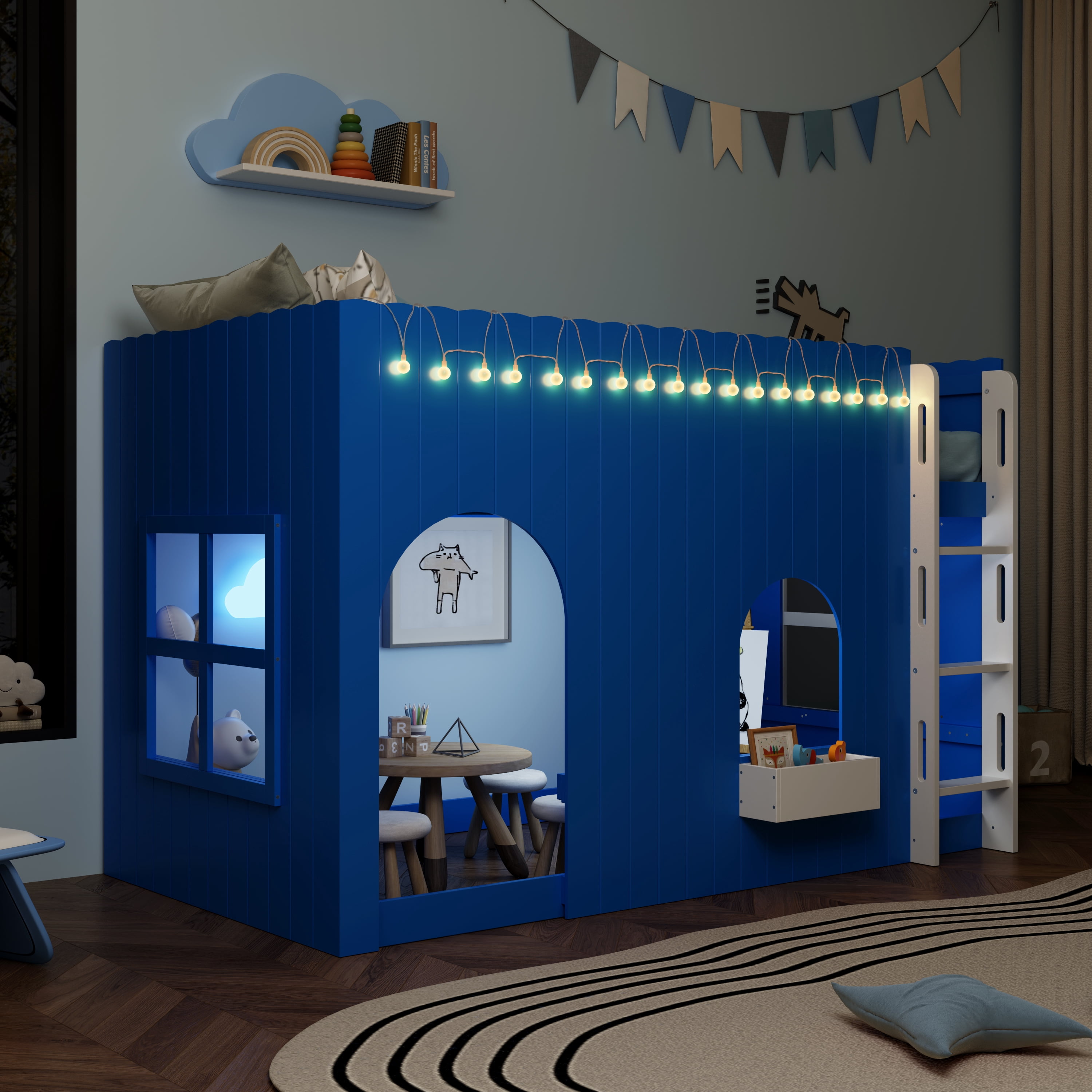Mintazer Twin House Loft Bed with LED Lights, Kids Playhouse Bed with Ladder, Blue