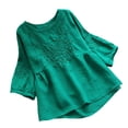 thumbnail image 1 of Timegard Hauts pour Femmes Été Coton Lin Col Rond Manches Mi-Longues Blouse Brodée T-Shirts Décontractés Amples, 1 of 7